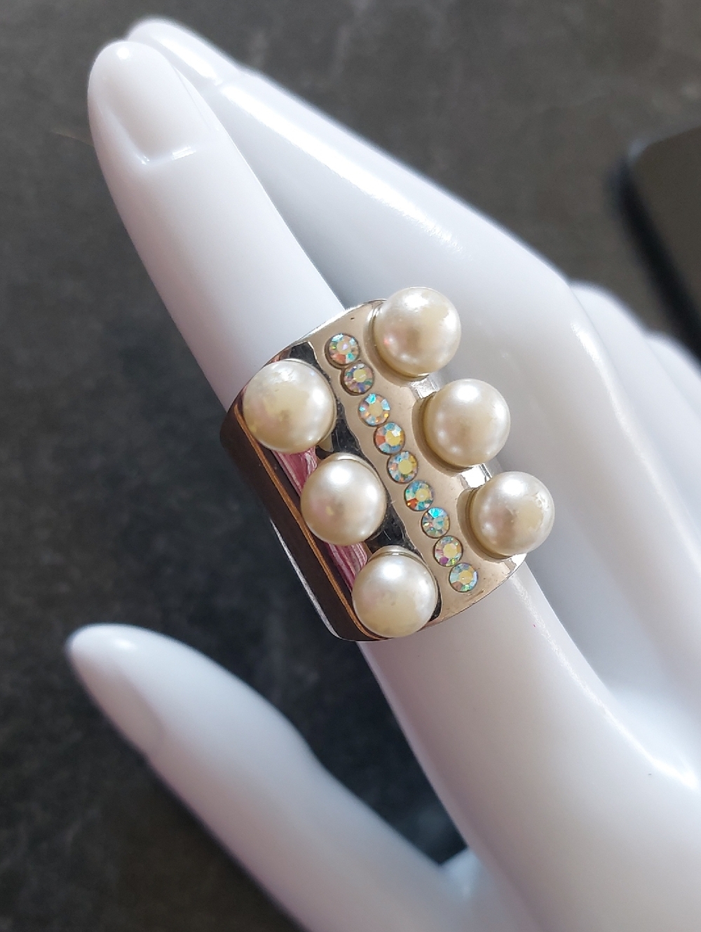 Silvertone Faux Pearl AB Crystal Statement Ring Sz 5.25